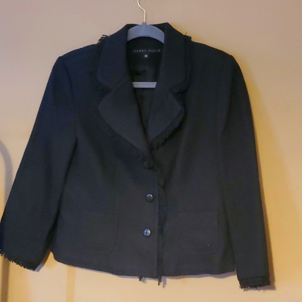 Perris Ellis Vintage Black Tweed Fringed Blazer Jacket Size 10